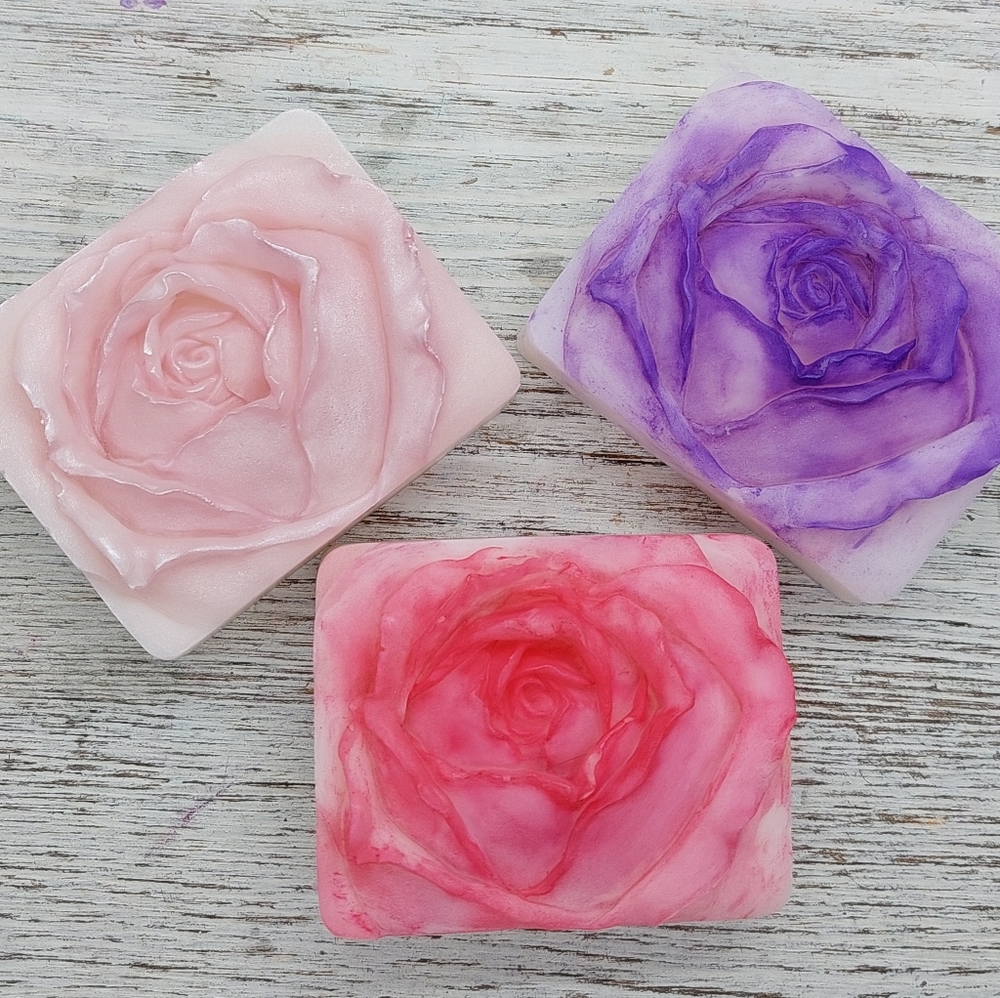2 Handcrafted Rose Shaped Soaps, Rose, Mica dusted Glycerin-based Shea Butter - Picture 2 of 3
